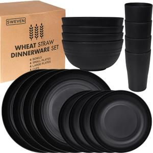 Wheat Straw Dinnerware Sets | Unbreakable Dinnerware Sets | Dishwasher Microwave Safe Dinnerware | Eco Friendly Non Breakable Dinnerware Sets | RV Outdoor Camping Black, Service for 4 (16 pcs)