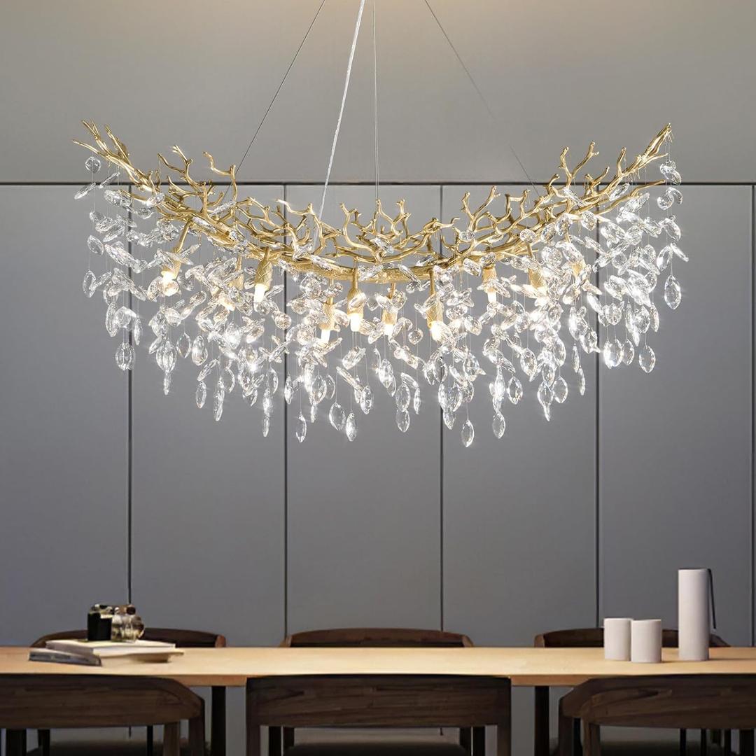 Modern Crystal Chandelier, 43" Gold Tree Branch Chandelier, 14-Light Luxury Rectangular Chandeliers for Dining Room, Kitchen Island, Living Room, Foyer, Contemporary K9 Crystal Raindrop Light Fixture