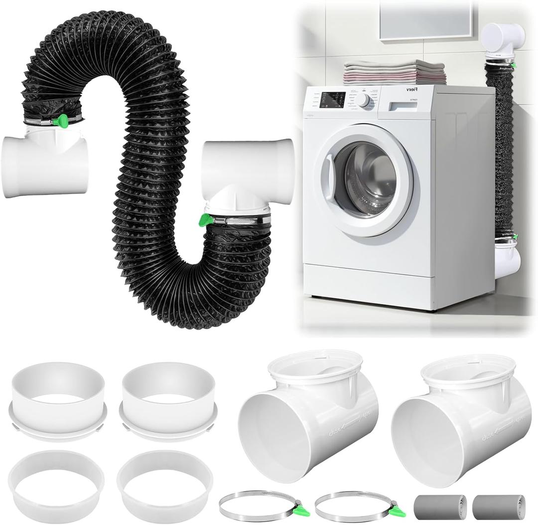 4 Inch Black Dryer Vent Hose for Tight Space Includes 2 90-degree Dryer Vent Elbow and 1 Dryer Vent Duct, Flexible Dryer Hose Vent Kit-Space Saving, Indoor Dryer Vent Connector, Easy installation