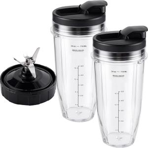 5-piece Blender Replacement Parts 24oz Ninja Blender Cups with To-Go Lids, 7 Fins Extractor Blade Compatible with Nutri Ninja Auto iQ Blenders BL2012 BN801 BL480 BL682 BL642