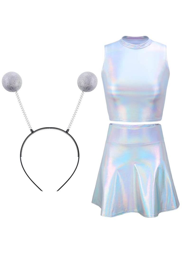 Metallic Top Sleeveless Crop Tank Top Pleated Skirt with Headband for Raves Halloween Cosplay L