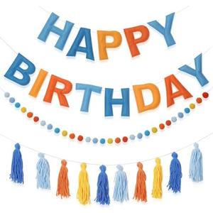 Pre-Strung Happy Birthday Banner Blue and Orange Party Decorations Felt Ball Garland Sign for Blue Dog Birthday Party Décor