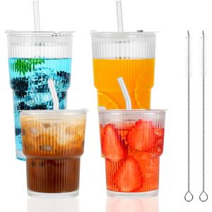 4 Pack 14&20 Oz Glass Cups with Lids and Straws Iced Coffee Cups Vintage Ribbed Glassware for Beer Ice Coffee Fruit Juice Elegant Aesthetic Cup Glass Iced Coffee Tumbler Include 2 Cleaning Brushes