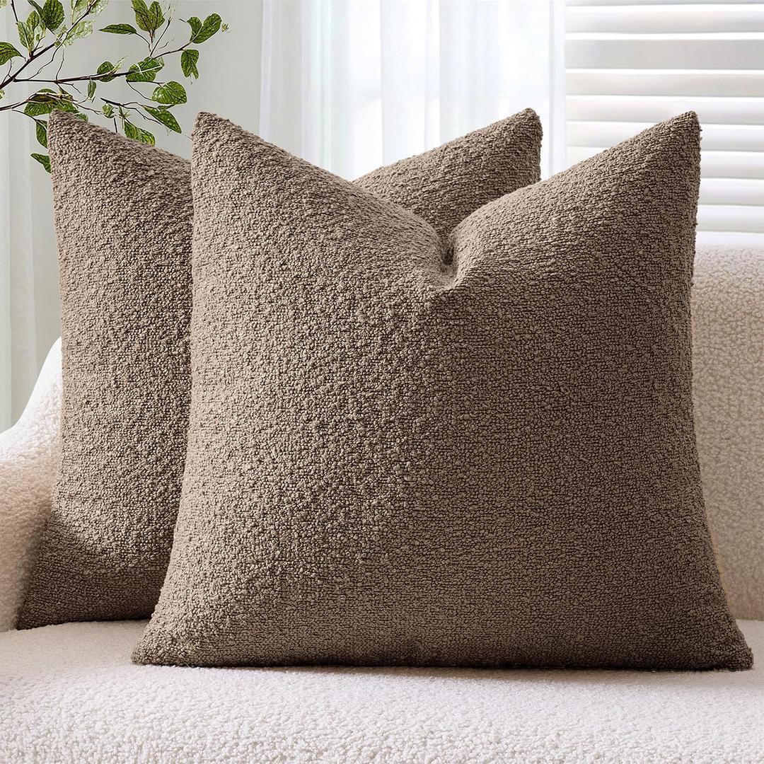 ANRODUO Pack of 2 Textured Boucle Throw Pillow Covers Soft Brown Euro Decorative Accent Solid Pillow Cases Cozy Modern Couch Cushion Case for Chair Sofa Bedroom Living Room Home Decor, 26 x 26 Inch