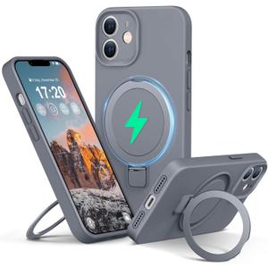 Liquid Silicone Case for iPhone 12 with Magnetic Ring Stand, Upgraded Camera Lens Protection, Mil-Grade Drop Shockproof, Soft Anti-Scratch Microfiber Lining Silicone Case (Gray)