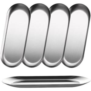 AKOLAFE 5PCS Stainless Steel Serving Tray Set Silver Platters for Serving Food Party Large Metal Trays Decorative 12" Long Plate Oval Storage Tray Thickened Serving Dishes for Entertaining Sushi Snack