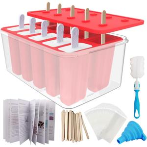 Miaowoof Homemade Popsicle Molds, 10-Cav Non-BPA Silicone Ice Pop Maker, with 50 Sticks, 50 Bags, 10 Reusable Sticks, Funnel, Brush and Ice Pop Recipe (Red+Bin)