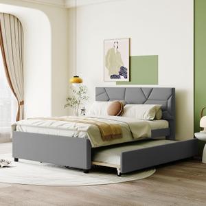 Full Size Upholstered Platform Bed with Twin Size Trundle, Headboard w/Brick Pattern, Wood Slat Support Included, for Boys Girls Kids Teens Adult,Gray