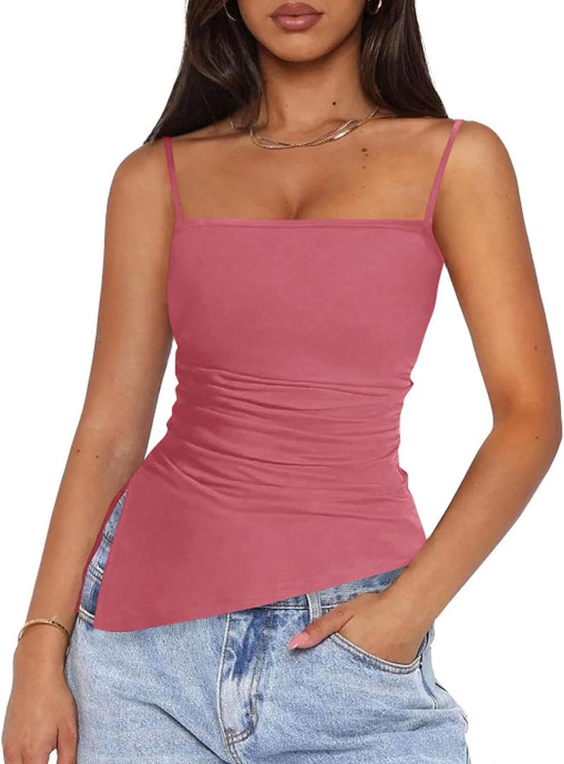 PRETTYGARDEN Women's Summer Spaghetti Strap Tank Tops Sleeveless Camisole Blouses Asymmetrical Going Out Basic Tank Shirt (Pink, XXL)