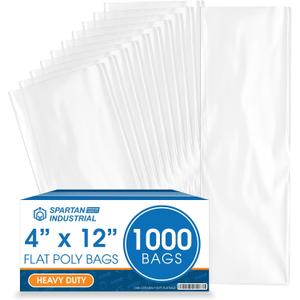 4" X 12" Open-End Flat Poly Bags (1000 Count) - 2 Mil Clear Plastic - No Adhesive Strip - For Packaging, Shipping, Storage - Spartan Industrial