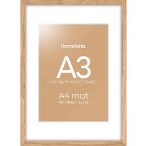 Homeforia A3 Picture Frame Wood, High-End Natural Oak 11.7 x 16.5 Wooden Poster Frames Matted to 8.3 by 11.7 Photo, A3 Size Light Wooden Frame with Mat A4 for Print, Tempered Glass, Wall Kit, Set of 1