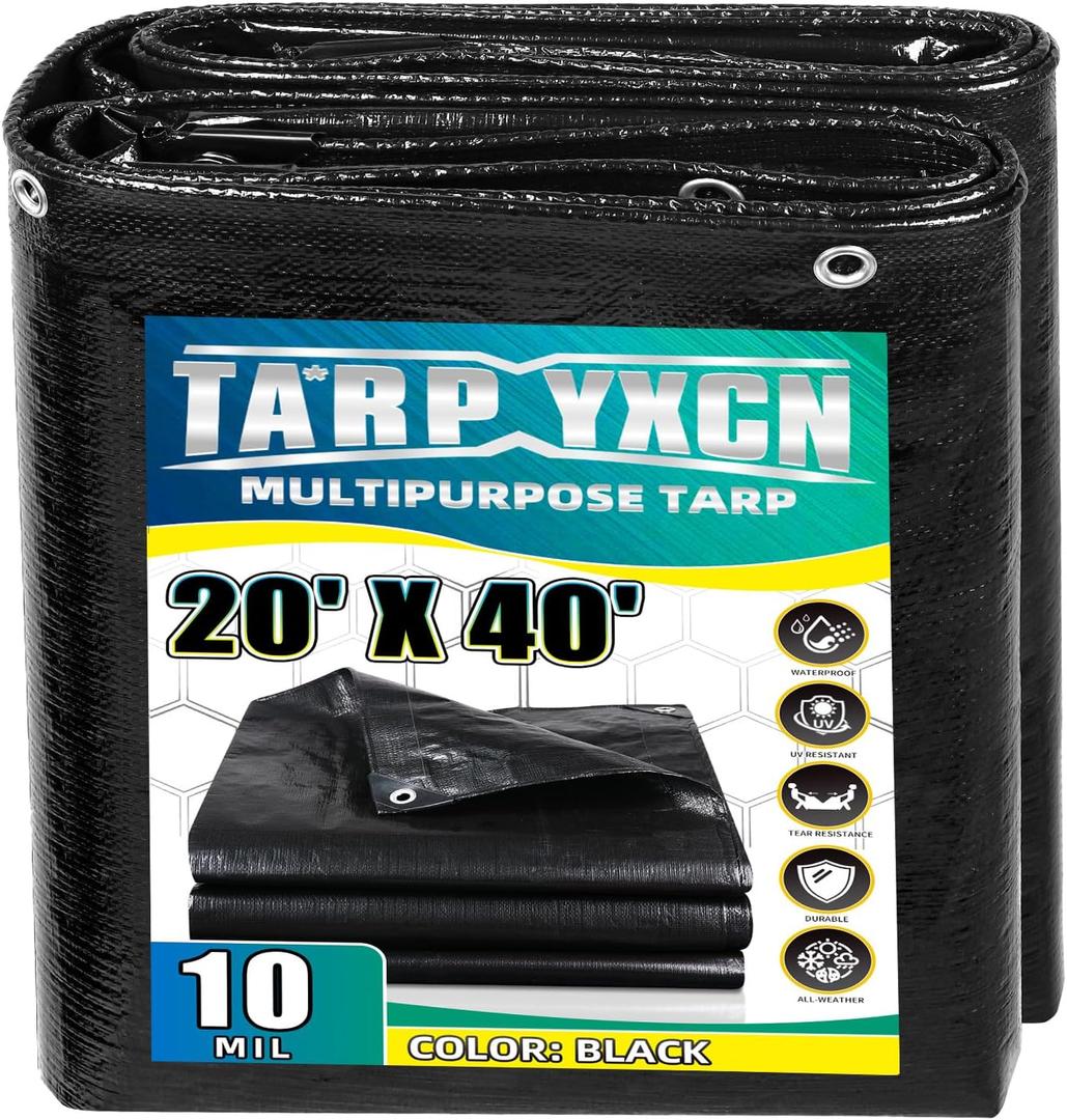 Black Tarp 20x40 Feet, 10 Mil Thick Waterproof Poly Tarps Cover UV Resistant, Rip & Tear Proof with Metal Grommets Every 20 Inches