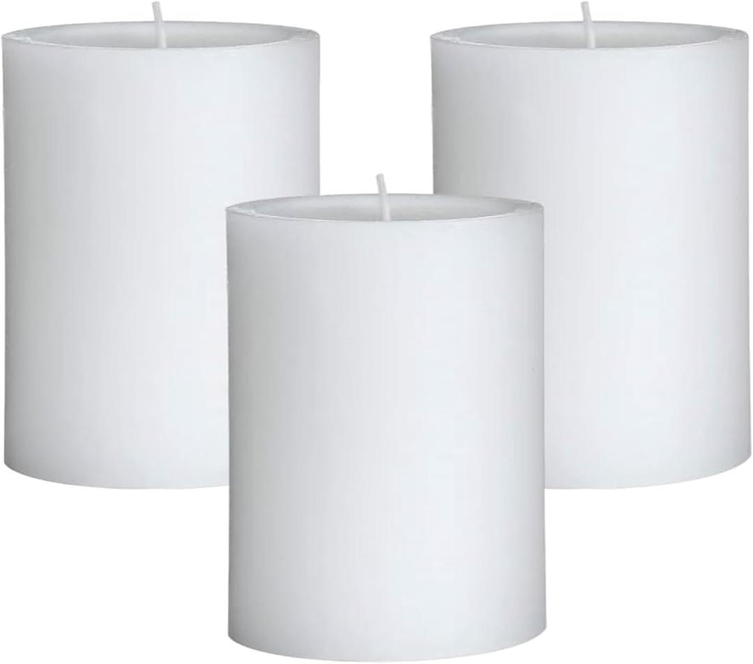 Mister Candle Dripless Unscented Pillar Candles, Set of 3 Hand Poured Solid Color Non-Scented Candles for Home Decor, Premium Wax, 60 Hr Burn Time - 3x4 Inch, White