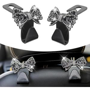 2 PCS Bling Car Seat Headrest Hooks, S Type Crystal Rhinestone Bow Vehicle Seat Back Storage Hooks for Purses Bags Groceries, Universal Diamond Car Rear Seat Organizer (Black)