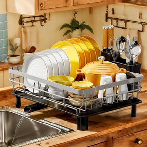 MOUKABAL Dish Drying Rack, Dish Rack, Stainless Steel Dish Racks for Kitchen Counter, Dish Drainer with Removable Utensil Holder, Drainboard (Grey,13''W x 17''L) (Gray)