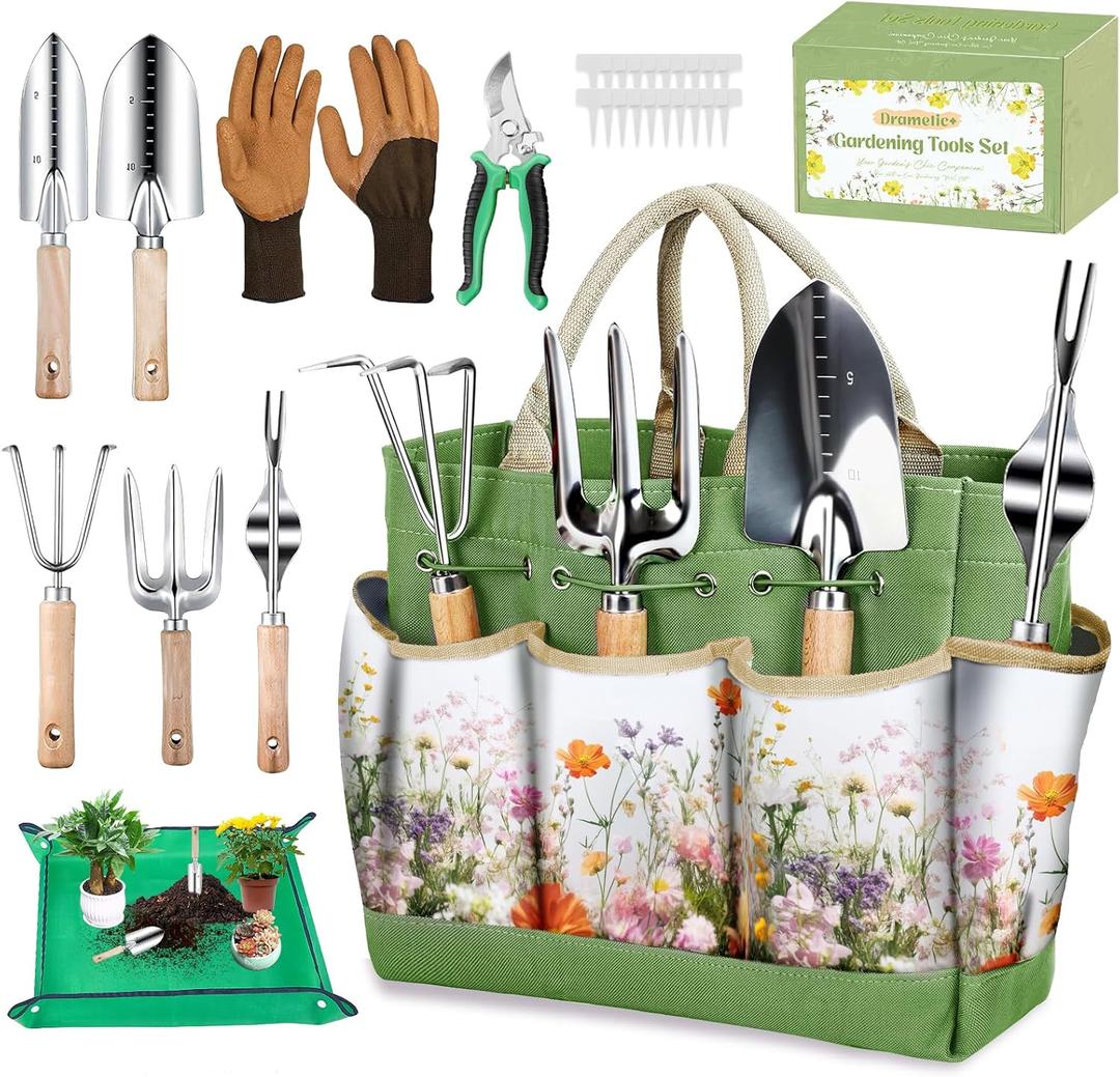 Gardening Tools Set for Women 29Pcs Heavy Duty Garden Hand Tools Set with Floral Tote Bag Rust-Proof Garden Tool Kit Supplies Gardening Esssential Gifts for Women Men