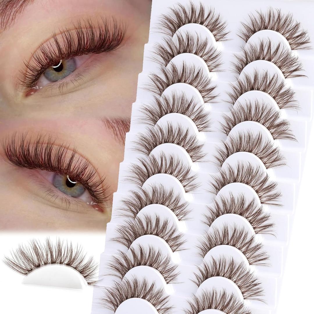 Brown Lashes Natural Look False Eyelashes Wispy Cat Eye Lashes C-Curly Dark Brown Fake Lashes 16mm Slightly Faux Mink Eyelashes Strip 10 Pairs Pack