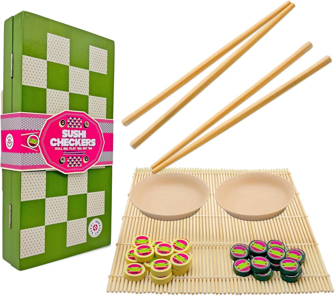 Project Genius: Sushi Checkers  Game & Sushi Making Set, Folding Bamboo Game Board, 24 Checkers & Chopsticks Set, Adults & Kids Ages 8+, 2 Players