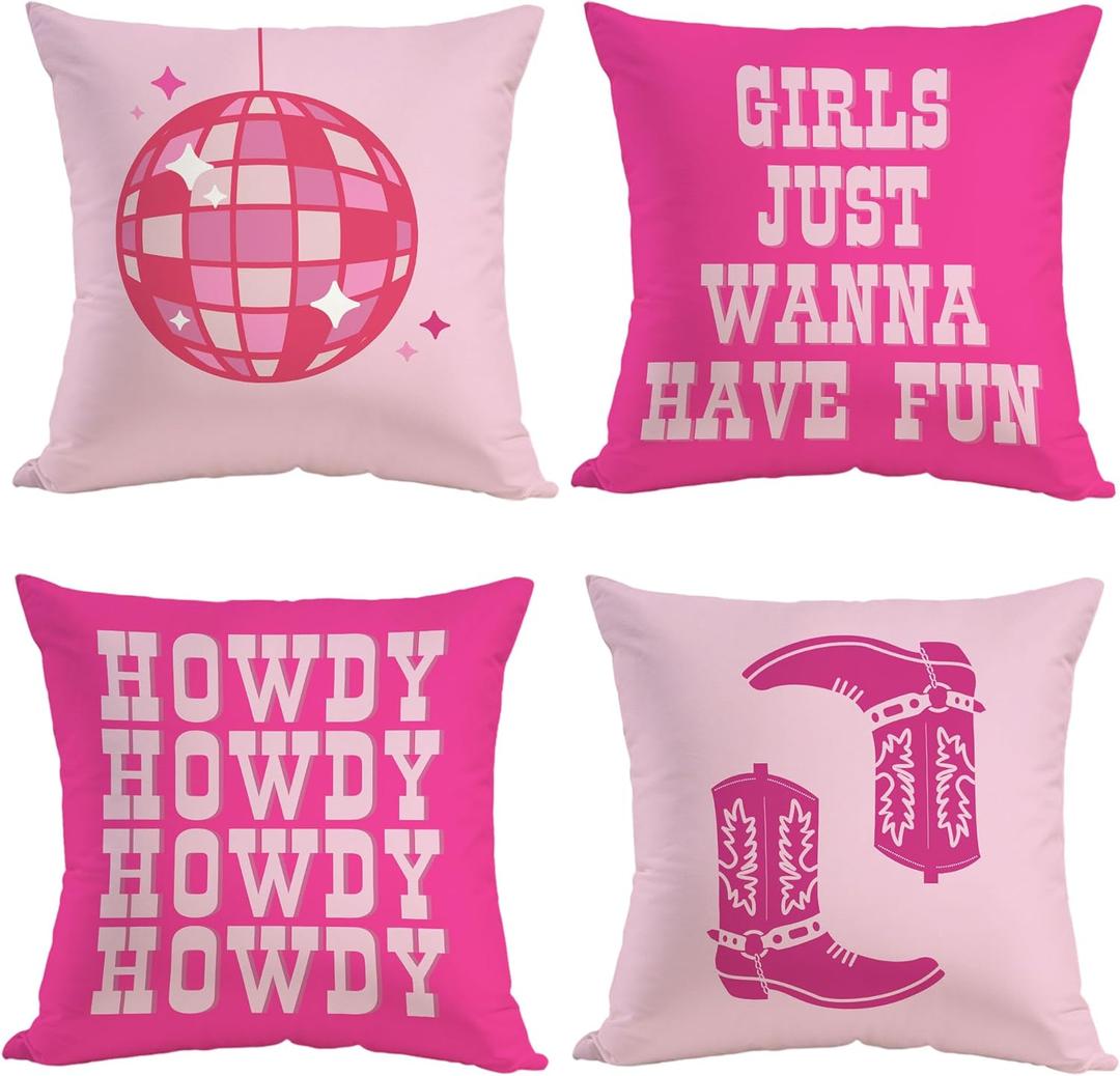 Preppy Throw Pillow Cover,Howdy Cowgirl Boot Disco Ball Decorative Pillow Case,Retro Style Pink Preppy Room Bedroom Wedding Birthday Home Party Decor,Girls Just Wanna Have Fun 1818Inches,Set of 4