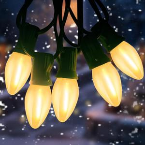 C7 LED Christmas Lights, 25ft Frosted String Lights With 27 LED Frosted White Bulbs, Vintage Warm White Hanging Light for Outdoor Roofline Party Decorations