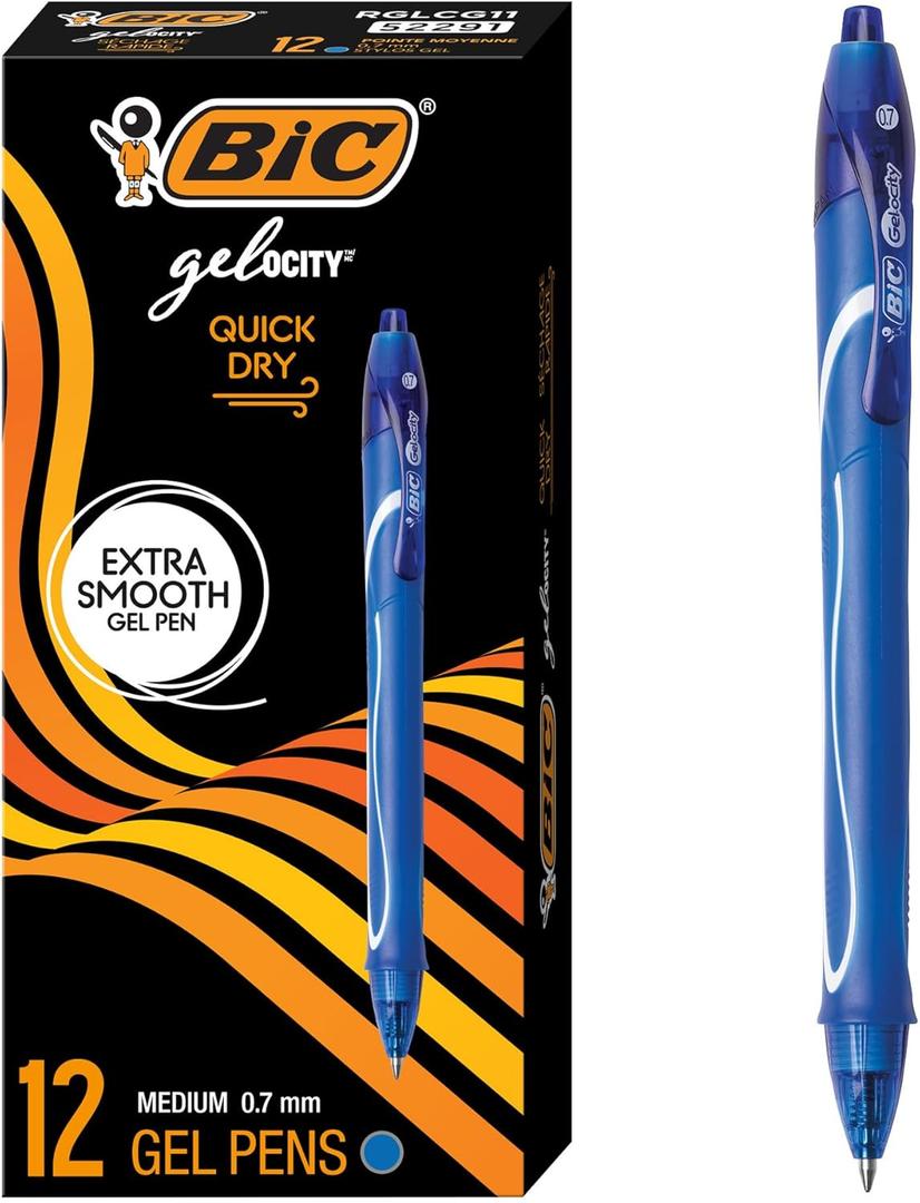 BIC Gelocity Quick Dry Blue Gel Pens, Medium Point (0.7mm), 12-Count Pack, Retractable Gel Pens With Comfortable Full Grip