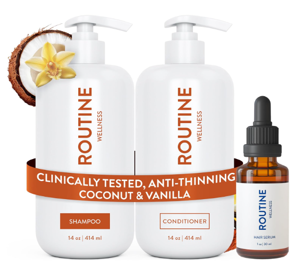 Routine Wellness Shampoo and Conditioner Set and Hair Serum for Thinning Hair - DHT Blocker Women & Men - Color Safe Shampoo for Hair Loss & Healthier Hair - Coconut & Vanilla Set + Serum