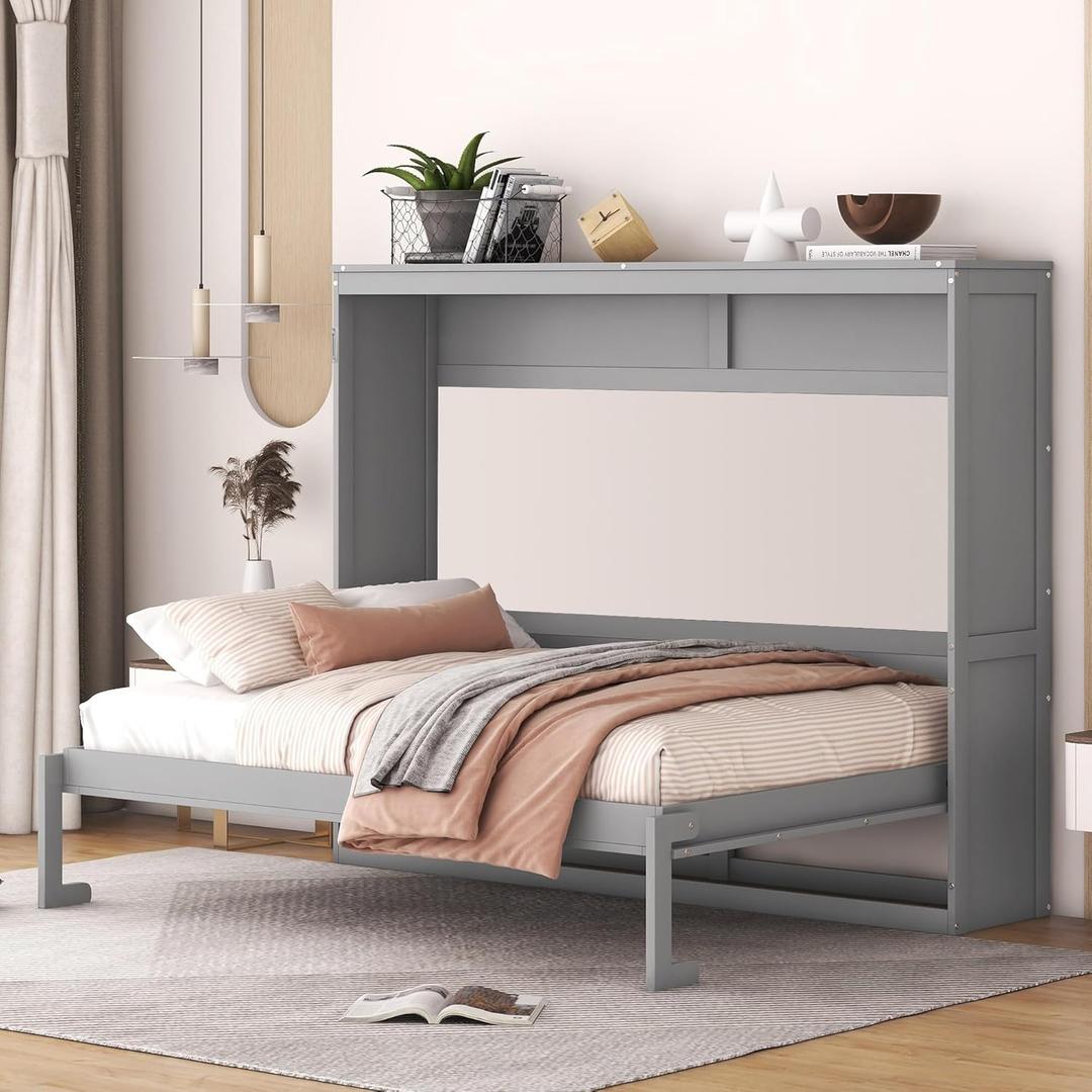 Merax ModernMurphy Cabinet Bed, Solid Wood Wall Platform Bed/No Box Spring Needed/Easy Assemble/Full,Gray