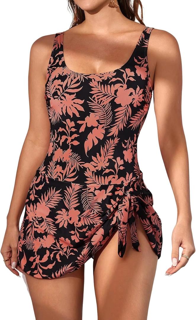 Eomenie One Piece Swimdress Swimsuits for Women Tummy Control Swim Dresses Skirt Bathing Suit (X-Large, Black Pink Print)