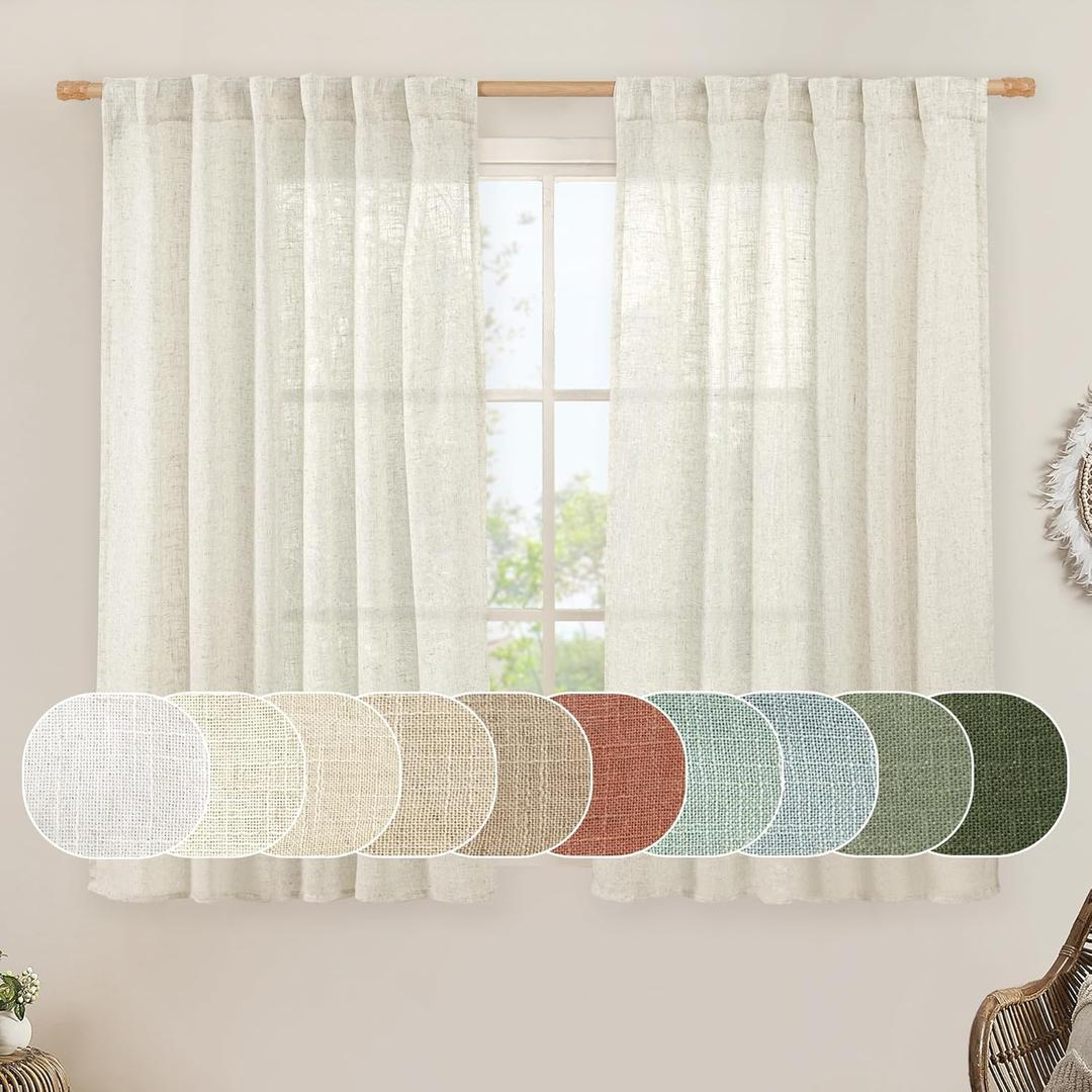 LAMIT Short Linen Curtains 45 Inches Long for Cafe 2 Panels, Cream Ivory Light Filtering Semi Sheer Panels Back Tab and Rod Pocket Neutral Drapes for Window/Loft Room, 52 x 45 Inch (Natural)