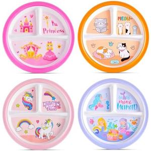 Hushee 3 Pcs 8.5 Inch Kids Dinner Plate for Kids Toddlers Girls Boys Divided Reusable 3 Compartment Dinnerware Plates for School Party Supplies(Girls)