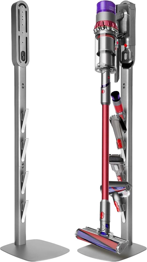 Haturi Vacuum Stand for Dyson Gen5 V15 V12 V11 V10 V8 V7 V6, Heavy-Duty Metal Bracket Organizer with 4 Accessory Hooks, Hidden Cord Management & Space-Saving Design for Cordless Handheld Vacuums (with Square Base, Silver)