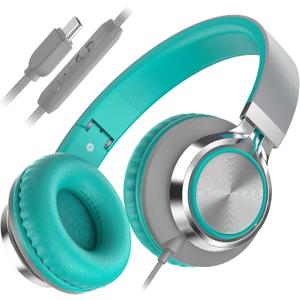 AILIHEN C8 Kids Headphones Wired USB C, USB-C Headphones with Microphone & Volume Control, Foldable Stereo Sound Tangle-Free Type C Cord, Compatible with Cellphone, Laptop, PC, Computer (Grey Mint)