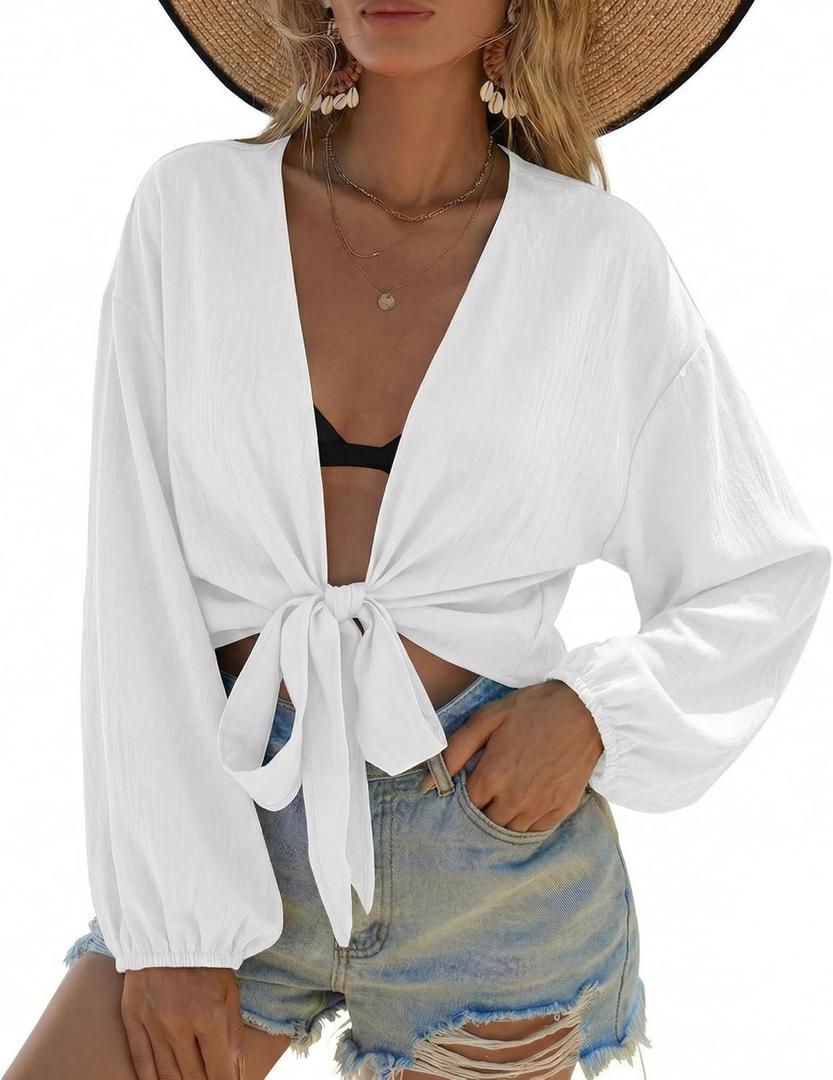 Ekouaer Women's Swimsuit Cover Ups Tie Front Long Sleeve Top Kimono for Women Bikini Shirt Summer Cardigan (XX-Large, White)