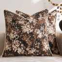 Pack of 2 Vintage Floral Throw Pillow Covers 18x18 Boho Farmhouse Accents Chenille Square Decorative Pillow Cases for Living Room Couch Bed Home Decor, Dark Brown