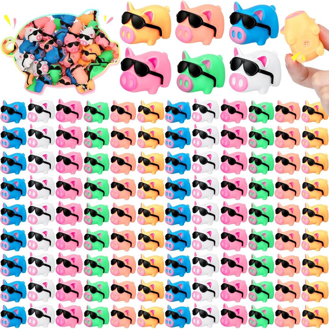Syhood 150 Packs Mini Rubber Pigs with Sunglasses Sets Pig Bath Toy Bulk Squeaky Piggy Bathtub Toys for Shower Birthday Party Favors Class Carnival Prizes Car Decor
