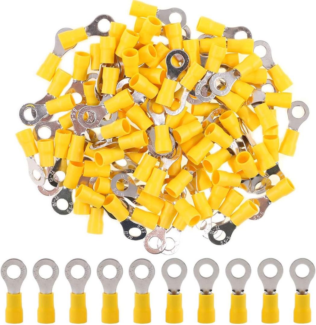 Hilitchi 100Pcs 12-10AWG Insulated Terminals Ring Electrical Wire Crimp Connectors (Yellow - M6) (Yellow - M6)
