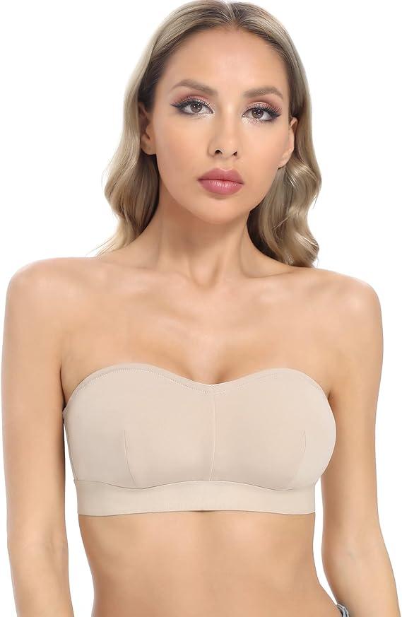 Women's Strapless Bra Comfortable Non-Slip Silicone Bandeau Bra Seamless Wireless Tube Top Bra Beige
 2XL