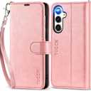 TUCCH Wallet Case for Galaxy S23 FE, [Wrist Strap] PU Leather Kickstand [RFID Blocking] Card Slot Folio with TPU Shockproof Interior Case Compatible with Galaxy S23FE 5G 6.4", Rose Gold with Wristlet