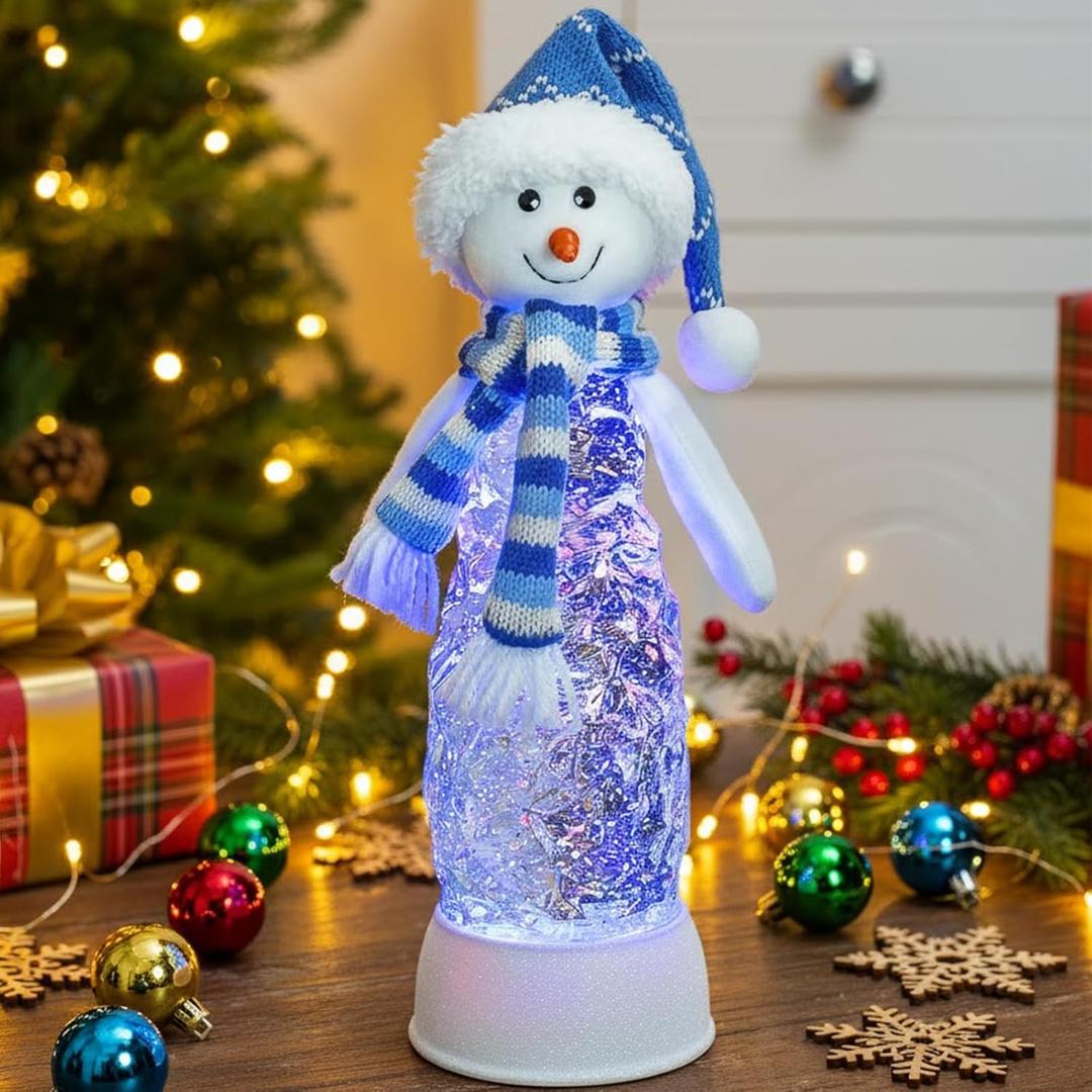 Christmas Snow Globe Lantern Indoor Decor Snowman Christmas with Music,6H Timer,USB Lined/Battery Operated Lighted Lantern for Christmas Festival Decoration Gifts (12.2" Blue Hat Snowman)