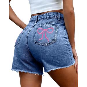Pink Queen Women's High Waisted Denim Shorts 2026 Casual Star/Bow Frayed Hem Summer Hot Short Jeans with Pockets, M