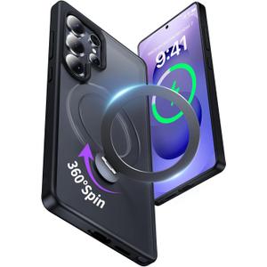 for Samsung Galaxy S25 Ultra Case, Compatible with Magsafe [Wireless Charging],with 360Rotatable Magnetic Ring Stand Matte Translucent Slim Soft Edge Phone Kickstand, Black