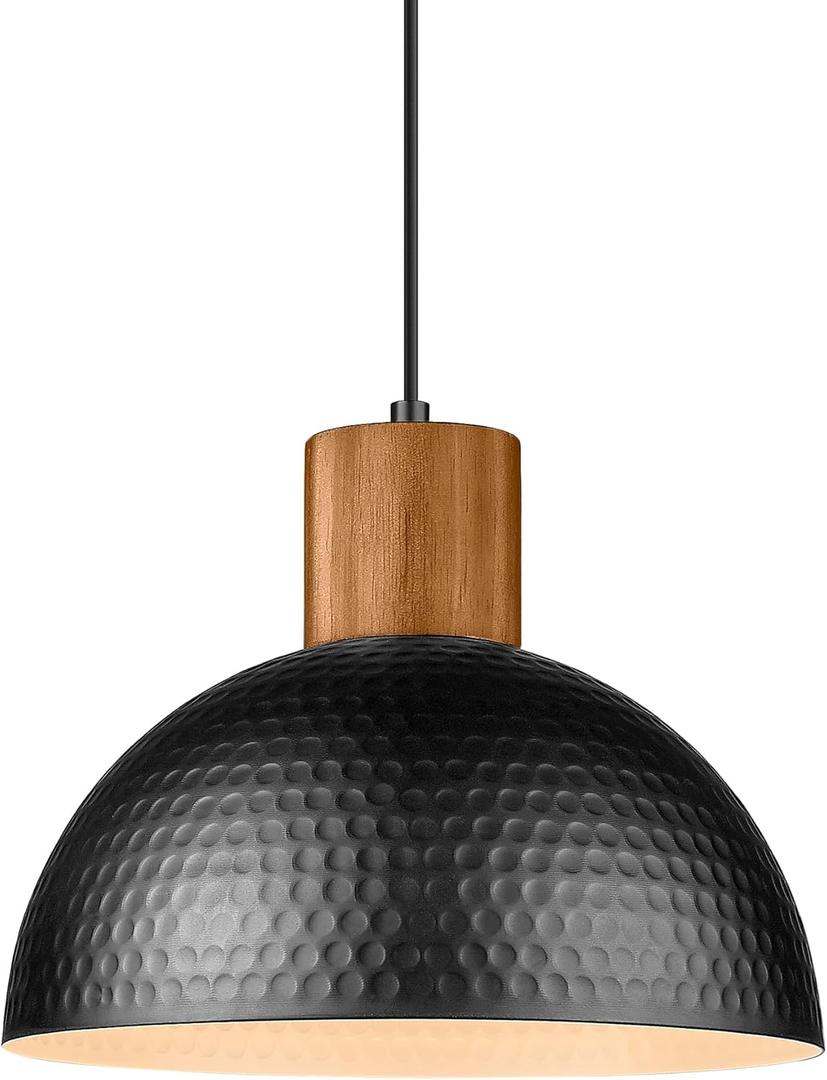 ELYONA Modern Pendant Light, Wood Pattern Dome Lantern, 11.8" Metal Shade, Industrial Hanging Lamp, Pendant Light Fixtures for Kitchen Island, Barn, Dining Room, Living Room, Bedroom - Black