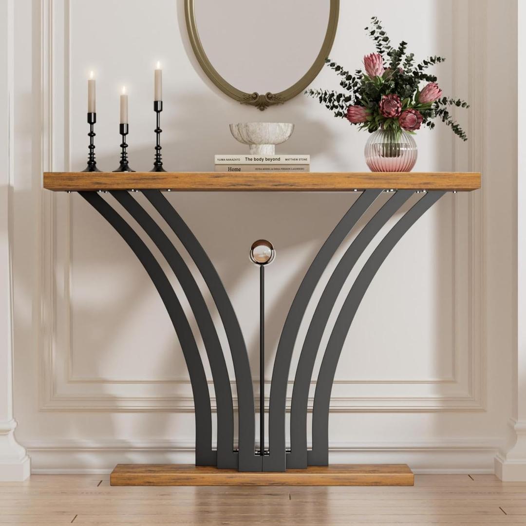 42.5 Inch Entryway Table, Industrial Console Tables Behind The Couch Sofa, Narrow Wood Accent Table for Entrance, Hallway, Living Room, Foyer, V-Shaped Metal Frame, Rustic Brown