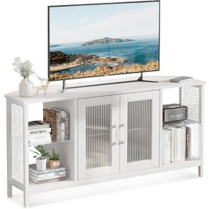 TV Stand with Glass Storage Cabinets and Power Outlet, White TV Stand for 32/45/55 inch TVs, Entertainment Center with LED Light for Living Room, 46inch Small Tv Stand for Bedroom