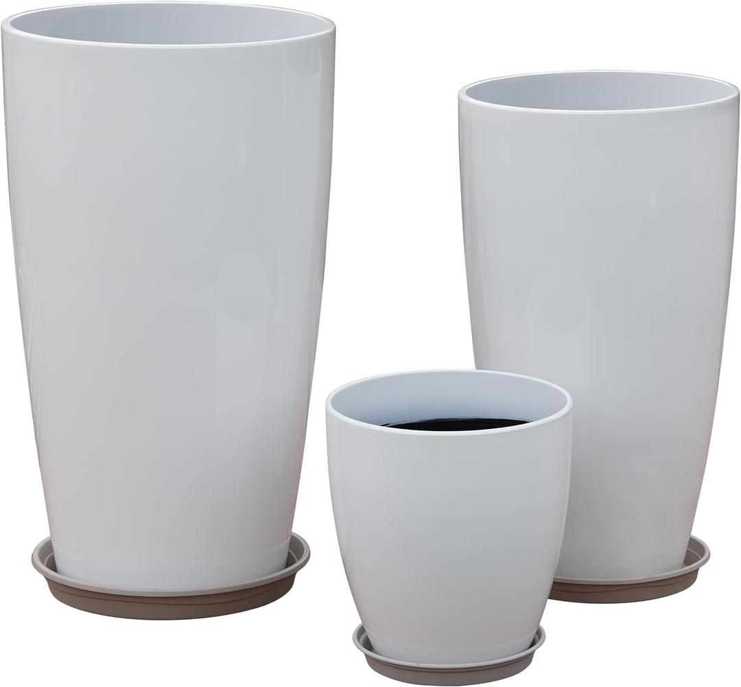 24,21,11 Inch Large Plastic Planters with Drainage Hole and Saucer - Set of 3 Tall Plant Pots Indoor Flower Pot Tall Round Planters Outdoor Large Tall Planter (White)