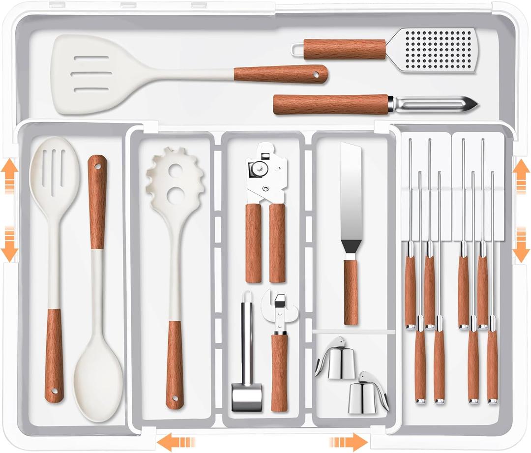 Homecor Kitchen Utensil Drawer Organizer, Large 22"x 19" Expandable Silverware Organizer with Removable Knife Block, Utensil Holder and Cutlery Tray, Kitchen Spatula Tools and Gadgets Storage, White