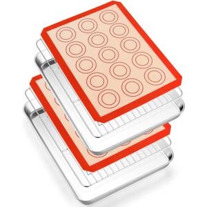 TeamFar Stainless Steel Baking Sheet, 12.5inch Baking Pans Cookie Sheets for Baking with Cooling Rack & Silicone Baking Mat - 2 Sheet Pans + 2 Roasting Racks + 2 Silicone Mats, Non Toxic, Easy Clean