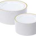 FOCUSLINE Gold Plastic Plates Set of 60, Disposable Plates with Gold Rim 30 Dinner Plates 10" and 30 Salad Dessert Appetizer Plate 7", Elegant Fancy Heavy Duty Wedding Party Plates
