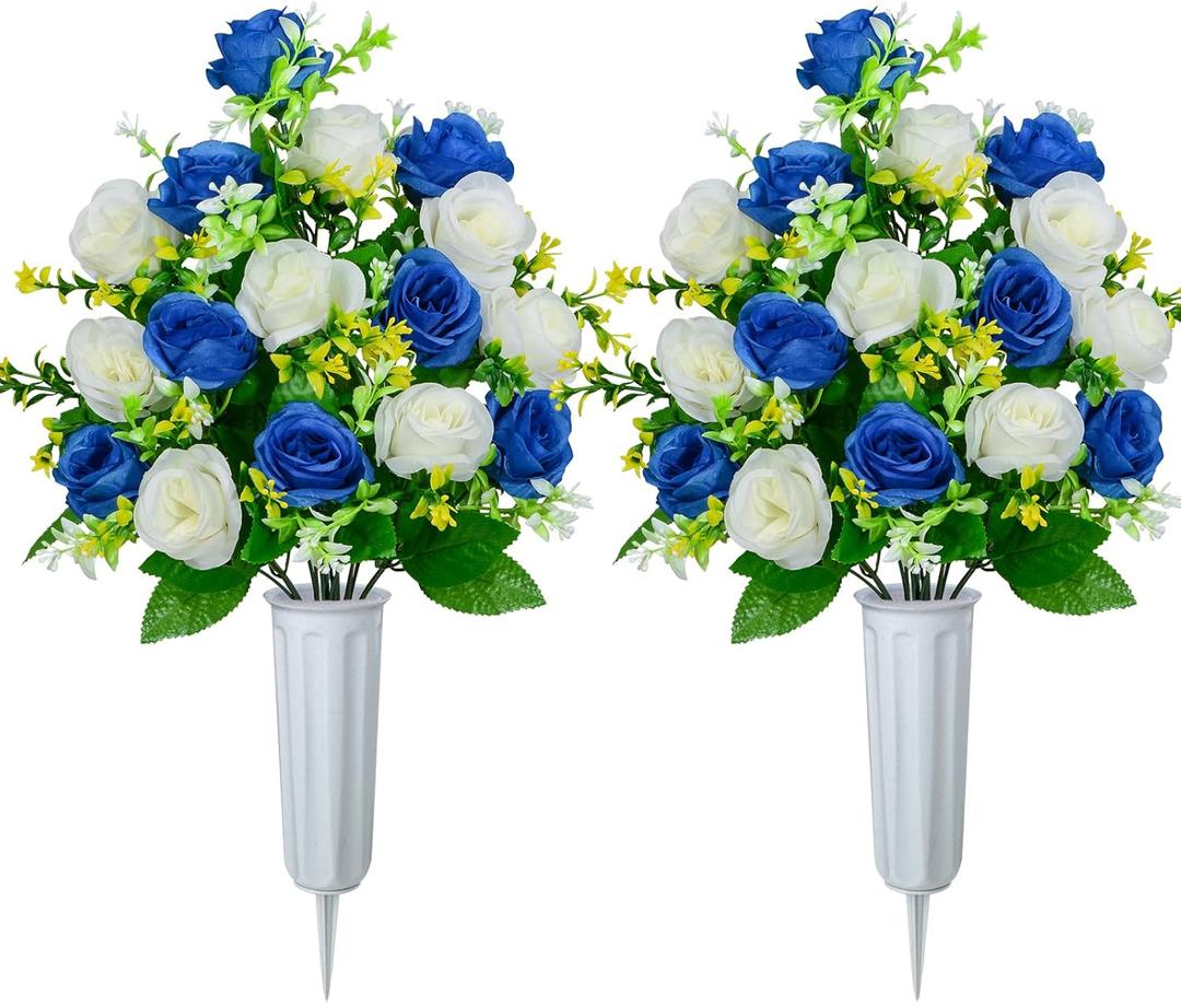 XONOR Artificial Cemetery Flowers, Set of 2 Artificial Rose Bouquet Graveyard Memorial Flowers with Vase for Cemetery Headstones Decoration (Dark Blue&White-2Pcs)