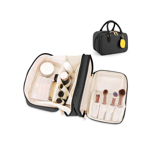 Travel Makeup Bag for Women Fashion Large Capacity Pouch Open Flat Cosmetic Portable Organizer Waterproof Large Opening Storage Toiletry Bags Vertical Free-Standing Brush Holder for Easy Access Black